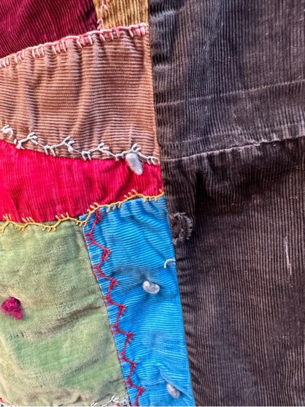 Vintage Corduroy Crazy Quilt bed runner Embroidery 33”x82” Primitive